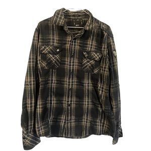 BKE Mens Black & Tan Collared Dupplins Checks Roll Tab Sleeve Slim Shirt Size XL